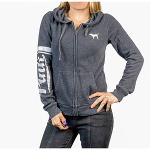 PINK Victoria's Secret Hoodie Sweater Sweatshirt Zip Up Gray Full Logo